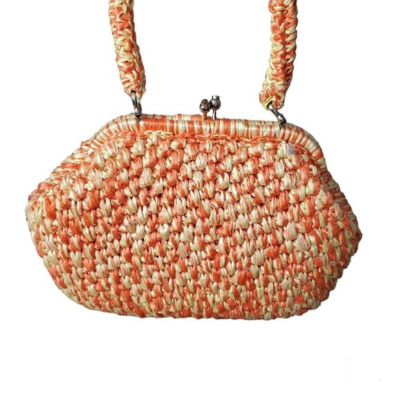 Vintage 1950s 1960s Orange And Yellow Crochet Raffia Handbag Purse - Picture 5 of 13